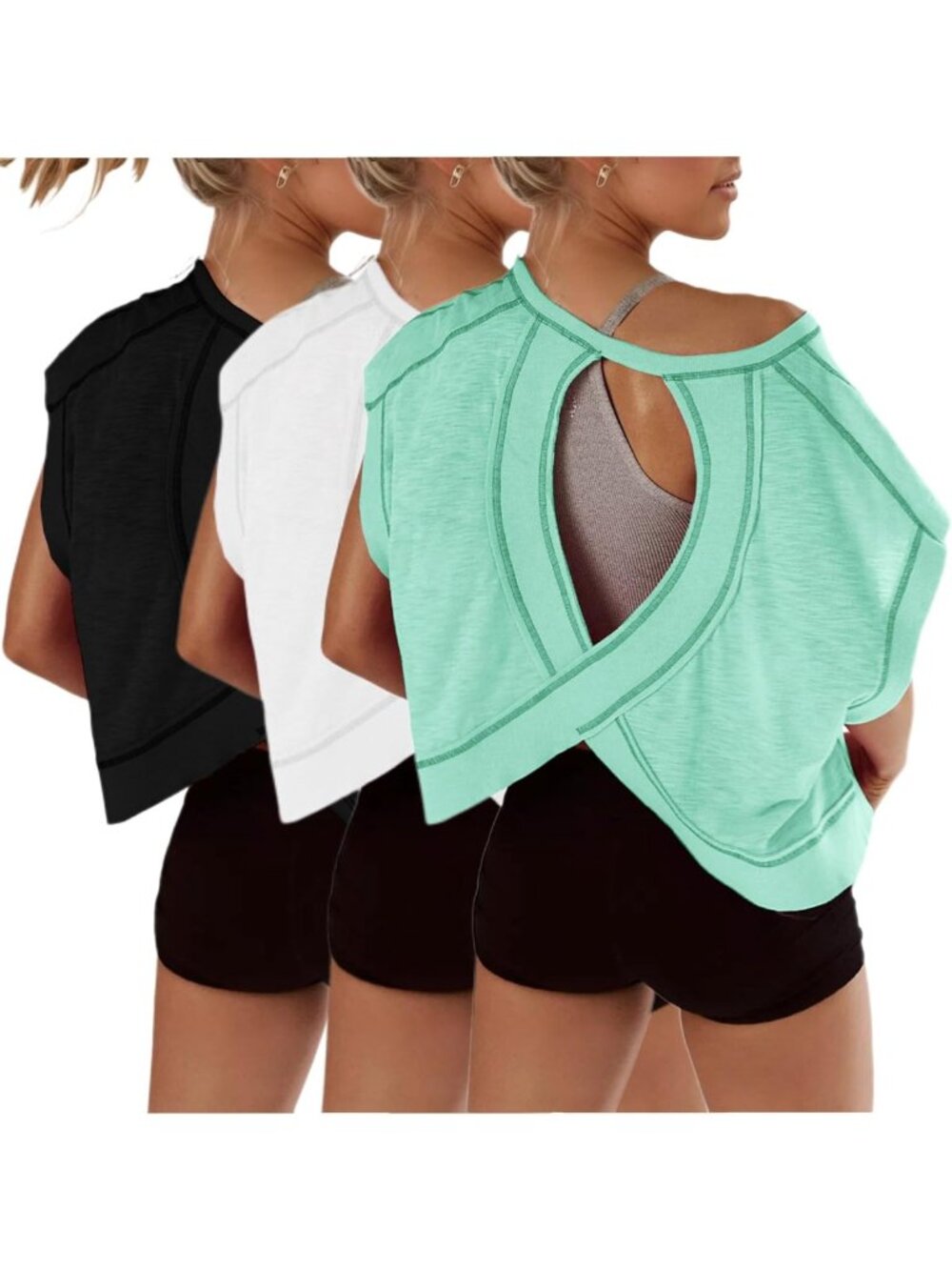 3-Pack Women's Open Back Crop Tops | Casual Short Sleeve Athletic Tees for Gym